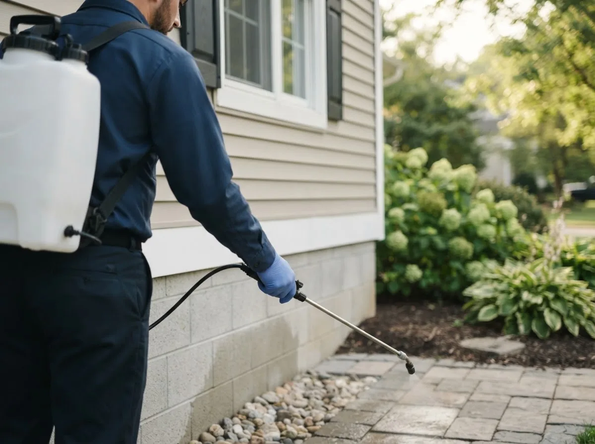 Pest control technician inspecting a home in Weirsdale, FL